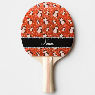 Personalised name neon orange glitter penguins ping pong paddle