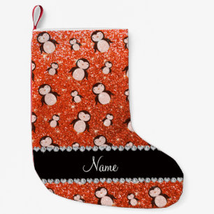 Personalised name neon orange glitter penguins small christmas stocking