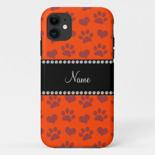 Personalised name neon orange hearts and paw print iPhone 11 case