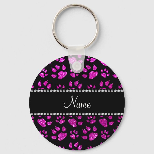 Personalised name neon pink glitter cat paws key ring (Front)