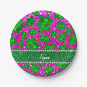 Personalised name neon pink glitter sea turtles paper plate
