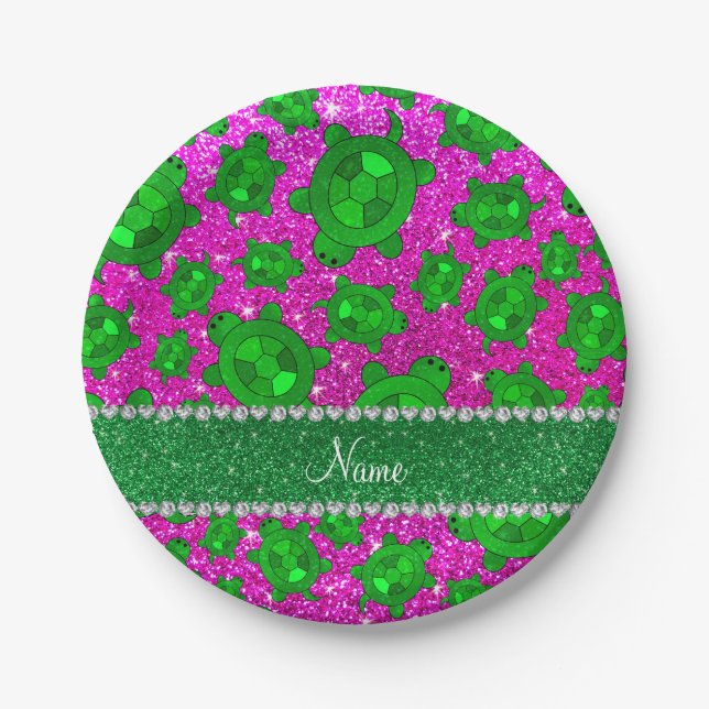 Personalised name neon pink glitter sea turtles paper plate (Front)