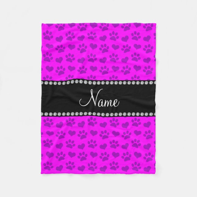Personalised name neon pink hearts and paw prints fleece blanket (Front)