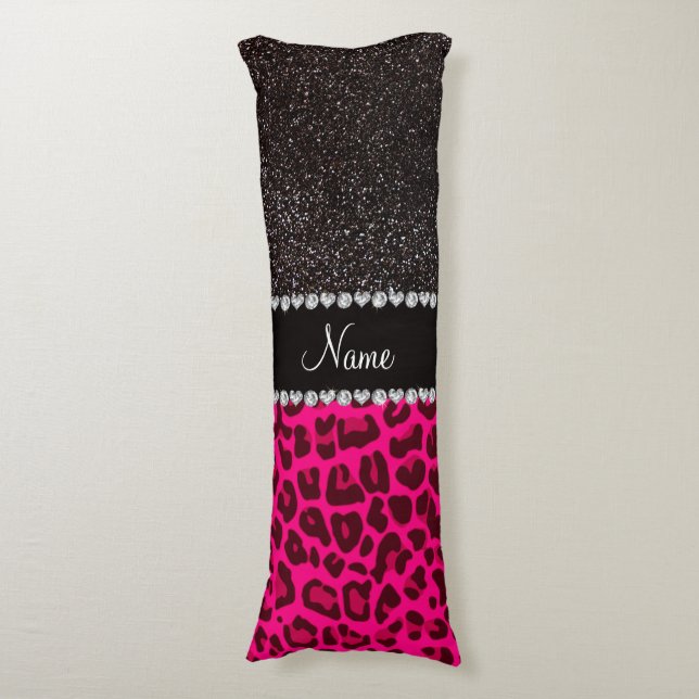 Personalised name neon pink leopard black glitter body cushion (Front Vertical)