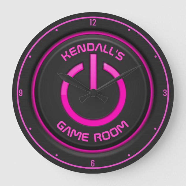 Personalised NAME Neon Power Button Game Room Sign Large Clock (Front)