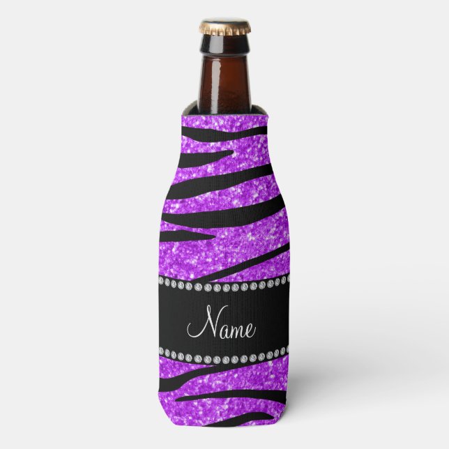 Personalised name neon purple glitter zebra stripe bottle cooler (Bottle Front)
