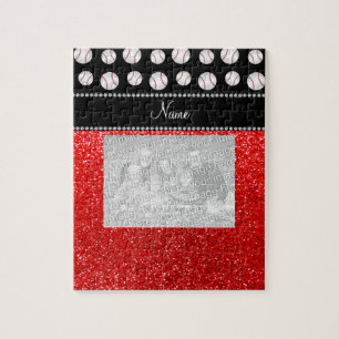 Personalised name neon red glitter black baseball jigsaw puzzle