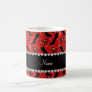 Personalised name neon red glitter boots bows coffee mug