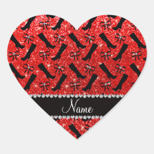 Personalised name neon red glitter boots bows heart sticker