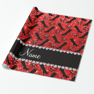 Personalised name neon red glitter boots bows wrapping paper
