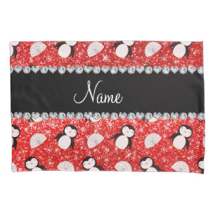 Personalised name neon red glitter penguins igloos pillowcase
