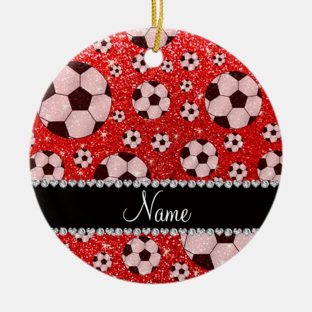 Personalised name neon red glitter soccer ceramic ornament (Front)