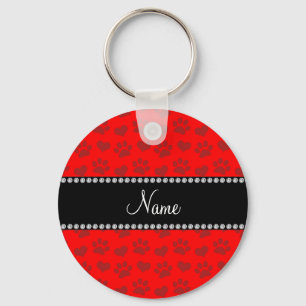 Personalised name neon red hearts and paw prints key ring