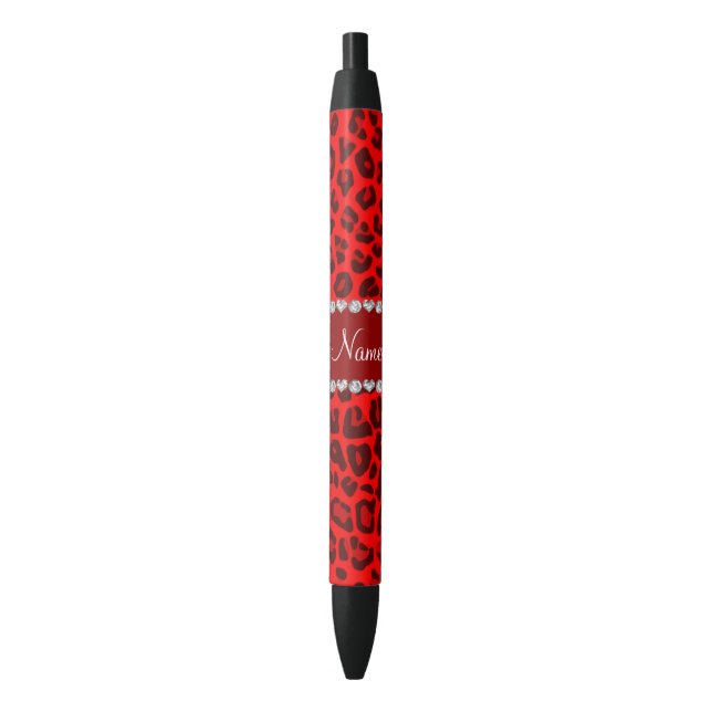 Personalised name neon red leopard pattern black ink pen (Front Vertical)