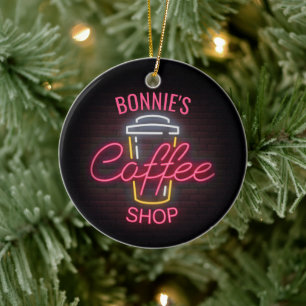 Personalised NAME Neon Style Coffee Shop Custom Ceramic Ornament