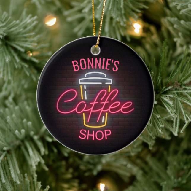 Personalised NAME Neon Style Coffee Shop Custom Ceramic Ornament (Tree)