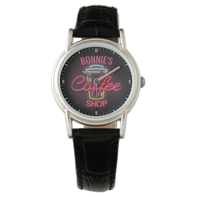 Personalised NAME Neon Style Coffee Shop Custom Watch (Front)