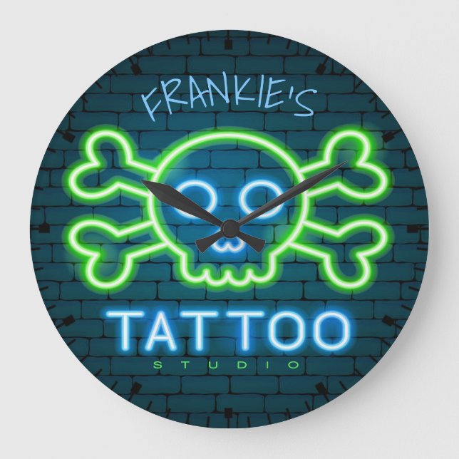Personalised NAME Neon Style Tattoo Shop Studio Large Clock (Front)
