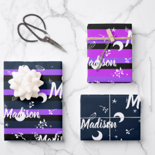 Personalised Name Night Halloween Girl Whimsical Wrapping Paper Sheet