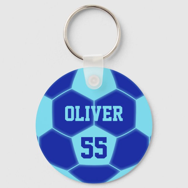 Personalised Name Number Blue Blue Soccer Ball Key Ring (Front)
