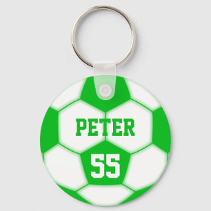 Personalised Name Number Green Soccer Ball Key Ring