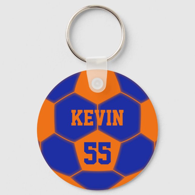 Personalised Name Number Orange Blue Soccer Ball Key Ring (Front)