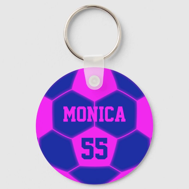 Personalised Name Number Pink Blue Soccer Ball Key Ring (Front)