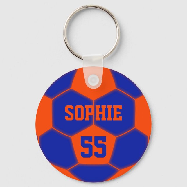 Personalised Name Number Red Blue Soccer Ball Key Ring (Front)