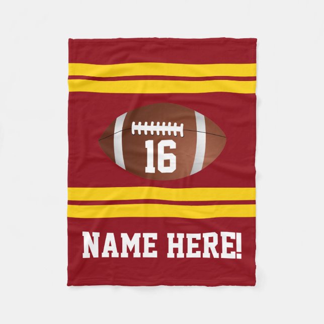 Personalised Name Number Red/Gold Football Fleece Blanket (Front)