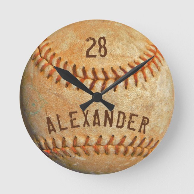 Personalised Name & Number White Baseball Sports  Round Clock (Front)