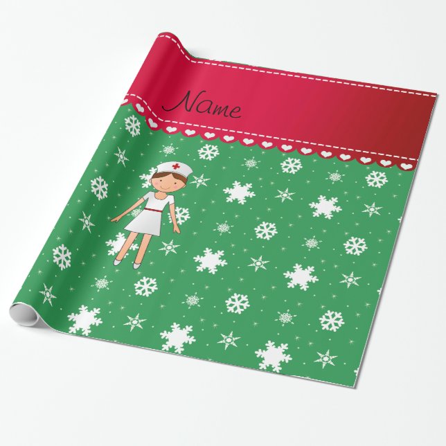 Personalised name nurse green christmas snowflakes wrapping paper (Unrolled)