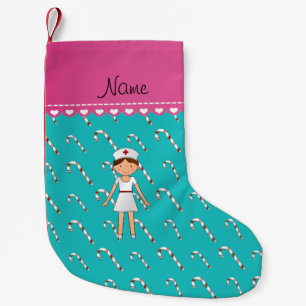 Personalised name nurse turquoise candy canes small christmas stocking