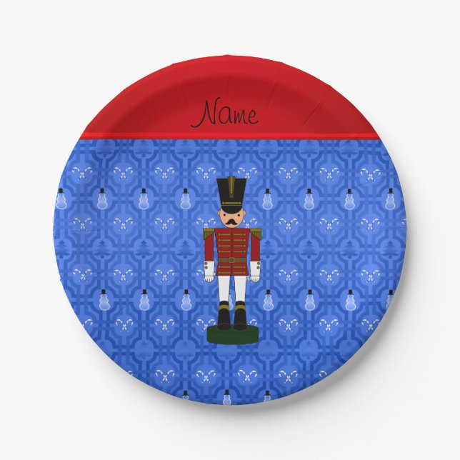 Personalised name nutcracker blue snowman trellis paper plate (Front)