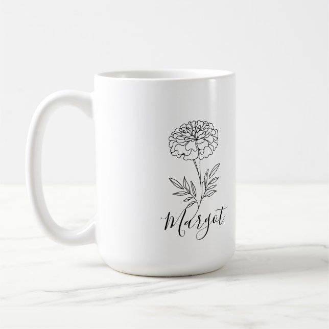 Personalised Name October Marigold Birth Flower  Coffee Mug (Left)