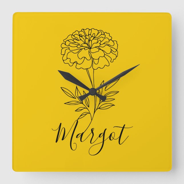 Personalised Name October Marigold Birth Flower  Square Wall Clock (Front)
