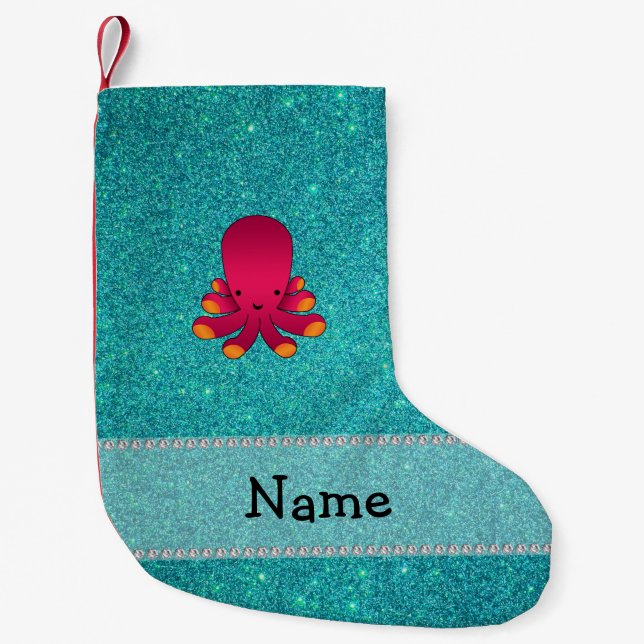 Personalised name octopus turquoise glitter small christmas stocking (Front)