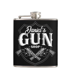 Personalised NAME Old Revolvers Gun Shop Firearms  Hip Flask