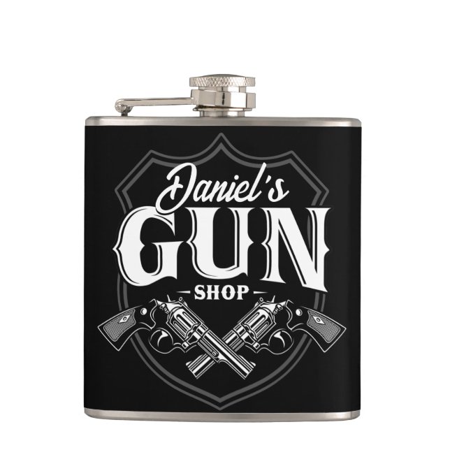 Personalised NAME Old Revolvers Gun Shop Firearms  Hip Flask (Front)
