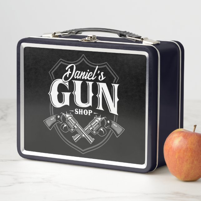 Personalised NAME Old Revolvers Gun Shop Firearms  Metal Lunch Box (In Situ)