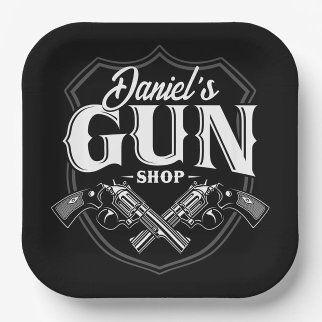 Personalised NAME Old Revolvers Gun Shop Firearms  Paper Plate (Creator Uploaded)