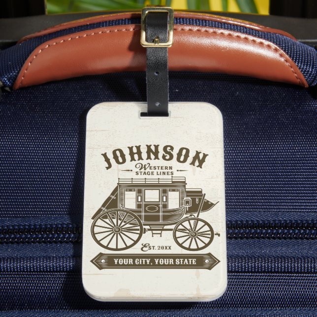 Personalised NAME Old Western Stagecoach Carriage Luggage Tag (Front Insitu 2)