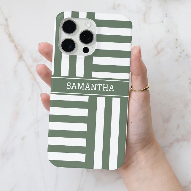 Personalised Name Olive Green White Stripes Chic Case-Mate iPhone Case (Personalized Name Olive Green White Stripes Chic Case-Mate iPhone Case)