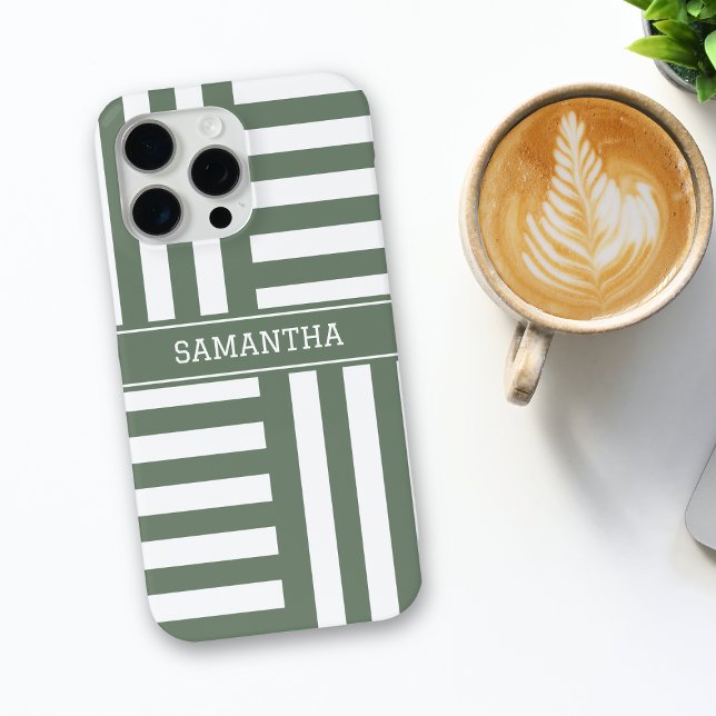 Personalised Name Olive Green White Stripes Chic Case-Mate iPhone Case (Creator Uploaded)