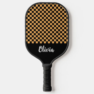 Personalised Name orange and black Chequered Pat Pickleball Paddle