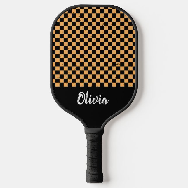  Personalised Name orange and black  Chequered Pat Pickleball Paddle (Front)