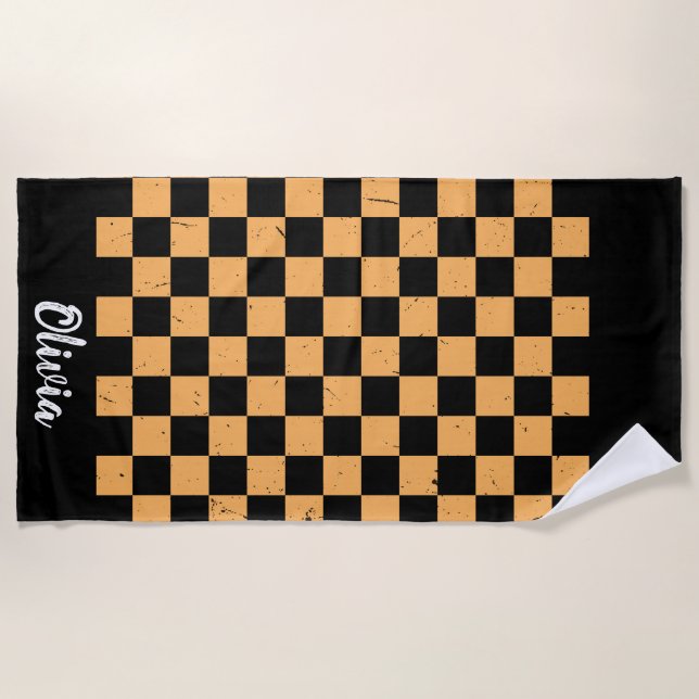 Personalised Name orange and black Chequered Patte Beach Towel (Front)