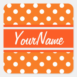 Personalised Name Orange and White Polka Dots Square Sticker