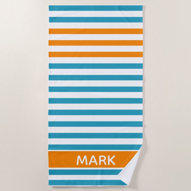 Personalised Name Orange Blue White Multi Stripe Beach Towel (Front)