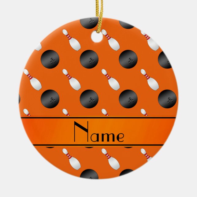Personalised name orange bowling balls pins ceramic ornament (Front)