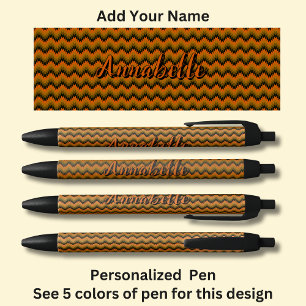 Personalised Name, Orange Brown Chevron Zig Zag Black Ink Pen